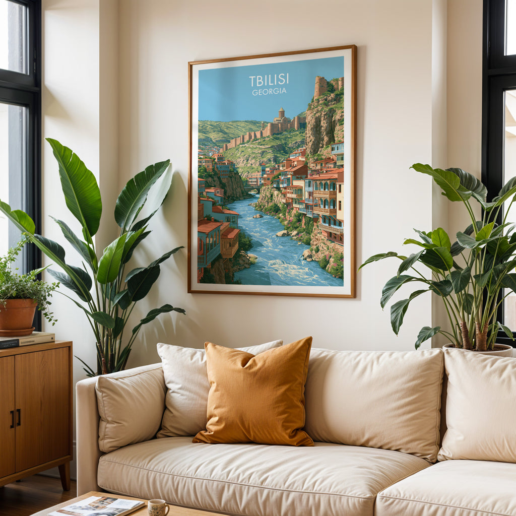 Framed Tbilisi Georgia wall art hanging above a cream sofa in a bright living room with tropical plants