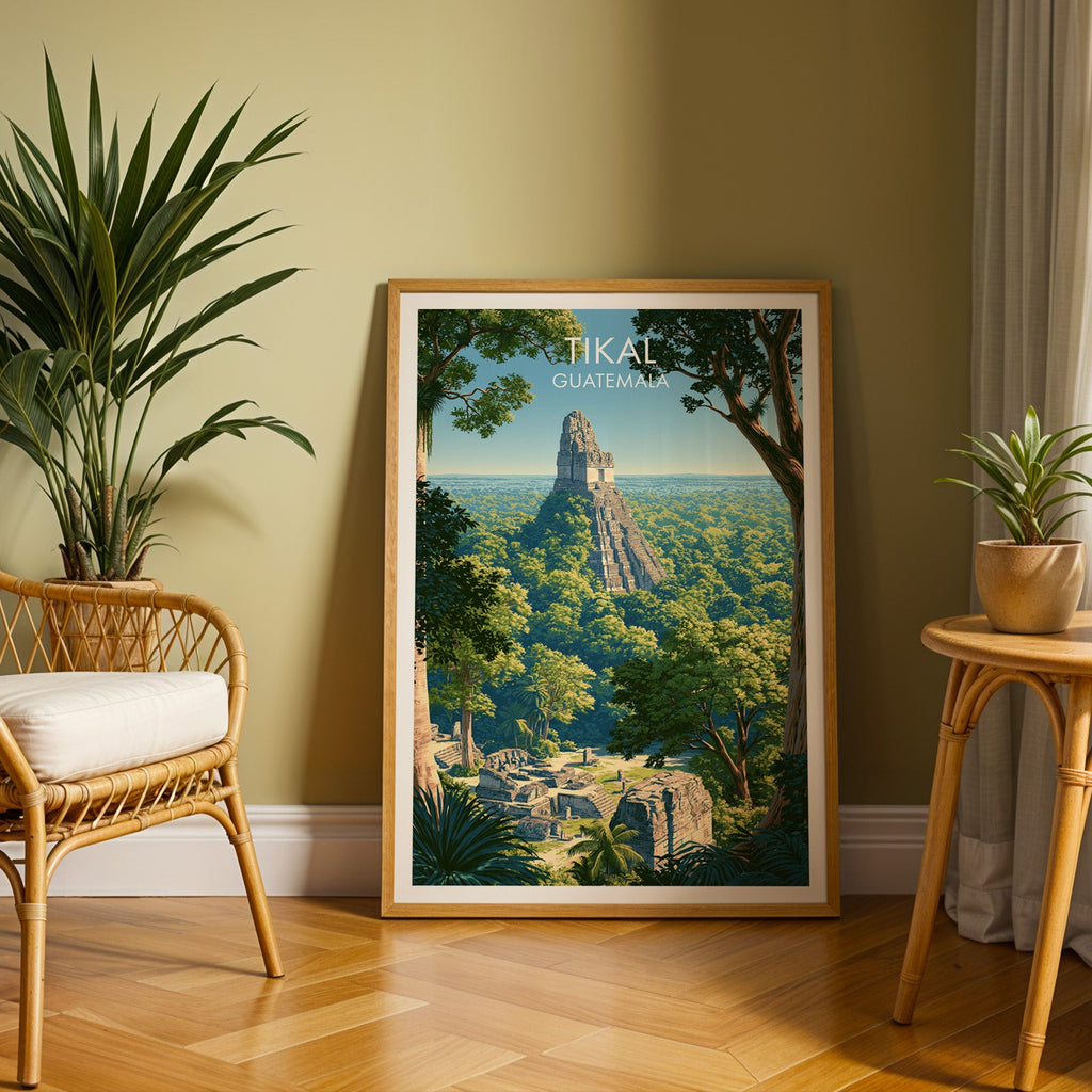 Guatemala rainforest ruins in an oak frame leaning on herringbone parquet, rattan chair and cane side table