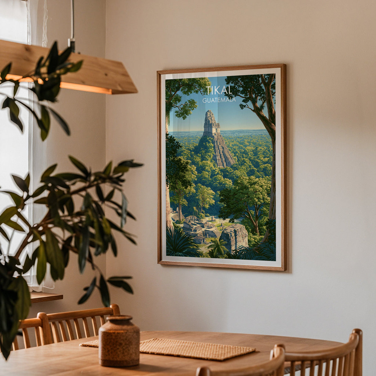 Sand-grey stone above green forest, oak frame in a dining corner with spindle chairs and a wood pendant lamp