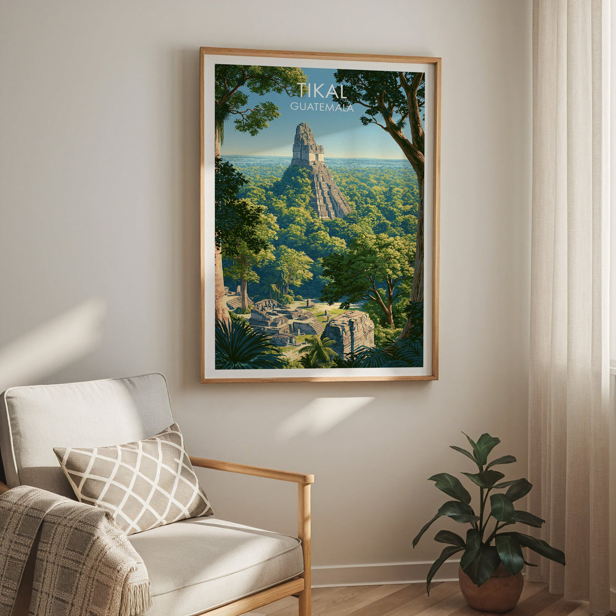 Hazy blue sky over the jungle skyline, oak frame above a cream armchair with a check cushion and curtain