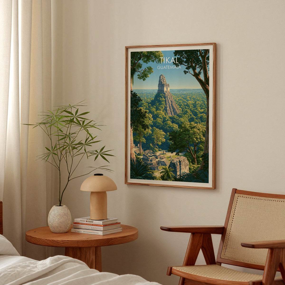 Temple breaking the flat canopy, oak frame in a bedroom above a round bedside table with a mushroom lamp