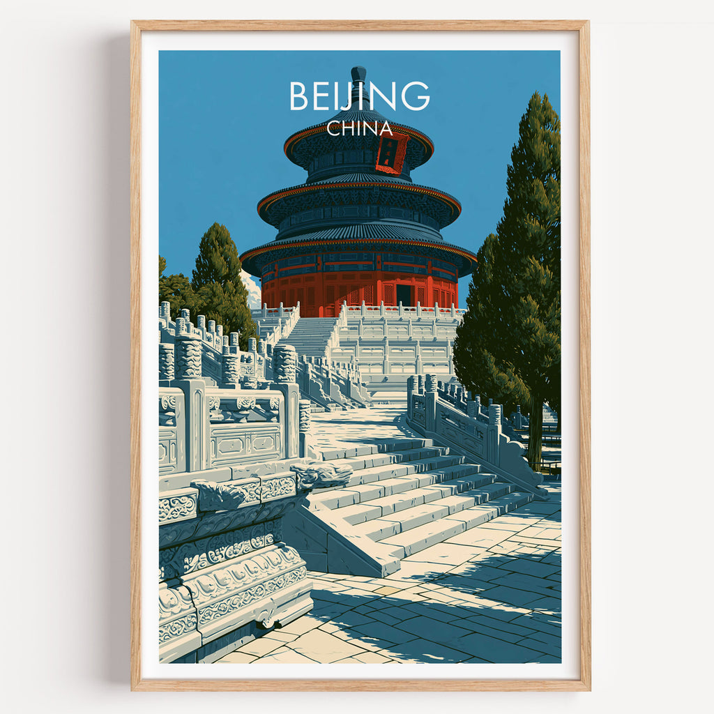 Temple of Heaven Beijing travel poster in a natural wood frame, shown against a clean white wall