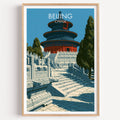 Temple of Heaven Beijing travel poster in a natural wood frame, shown against a clean white wall