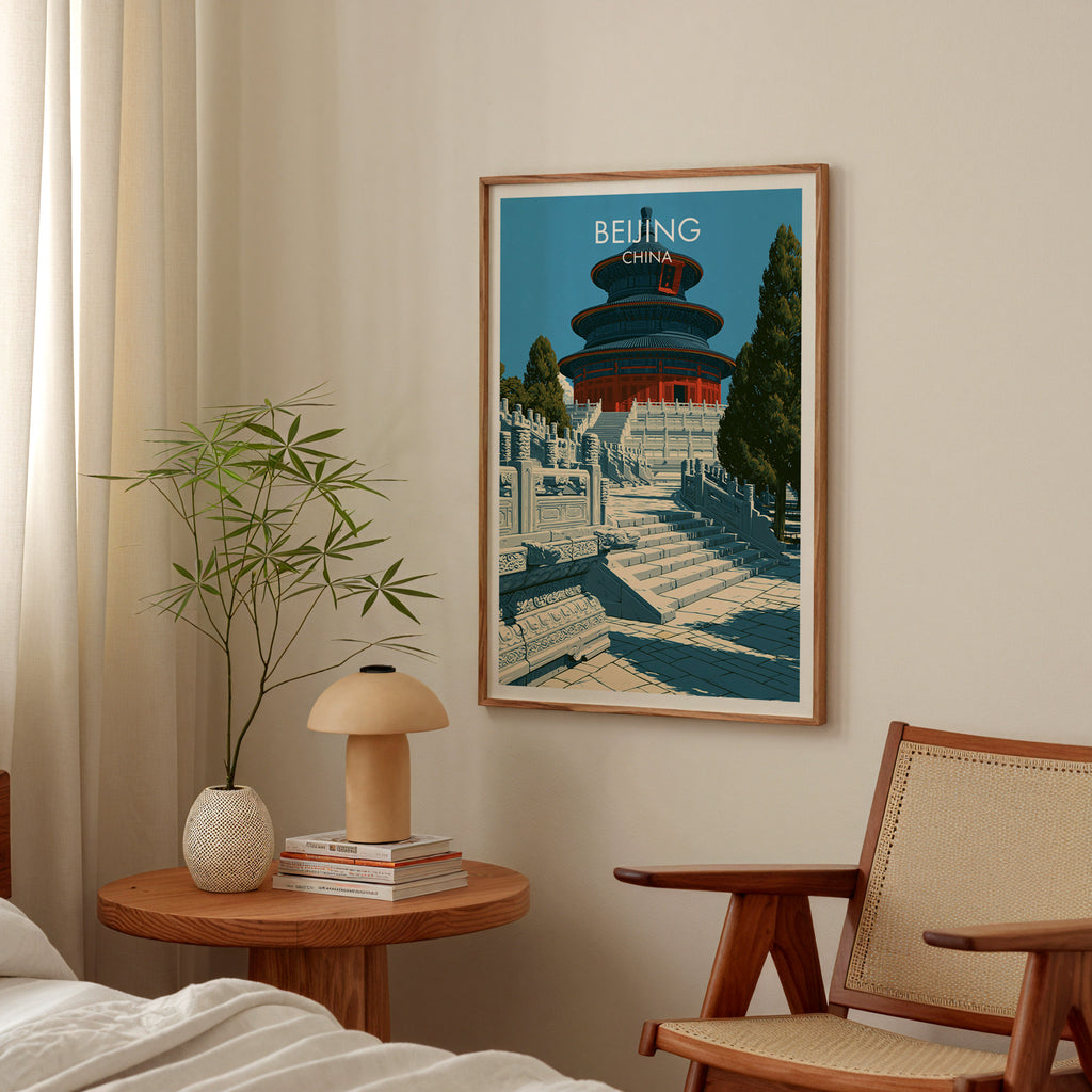 Temple of Heaven Beijing poster above a bedroom nightstand with a bamboo plant and mushroom lamp