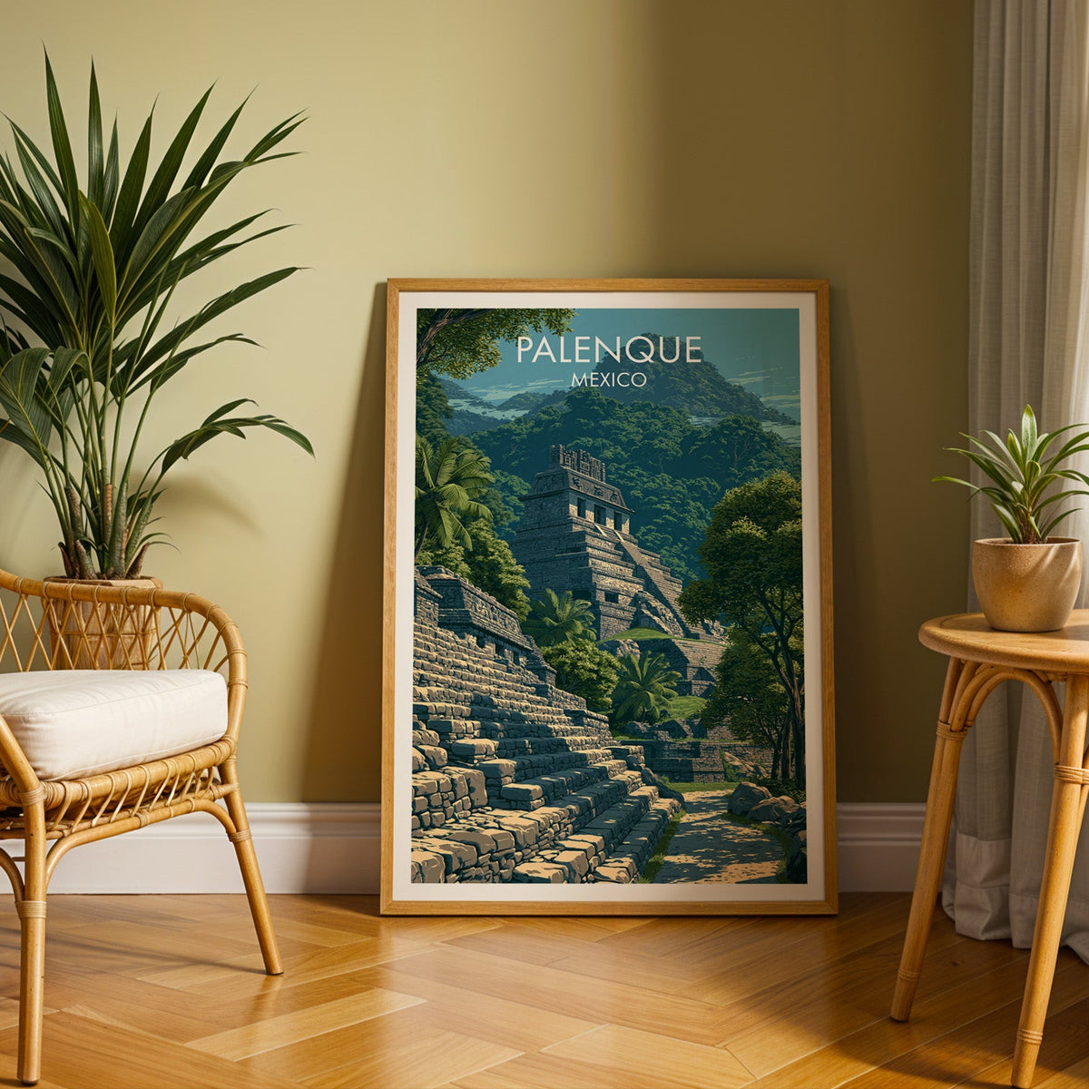 Maya temple in the rainforest, oak frame leaning on herringbone parquet with a rattan chair and cane table