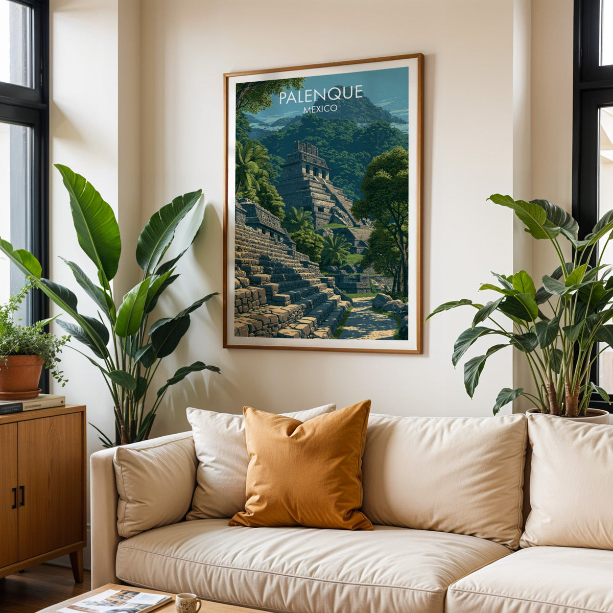 Palenque wall art in an oak frame above a cream sofa with a burnt-orange cushion and two tall plants