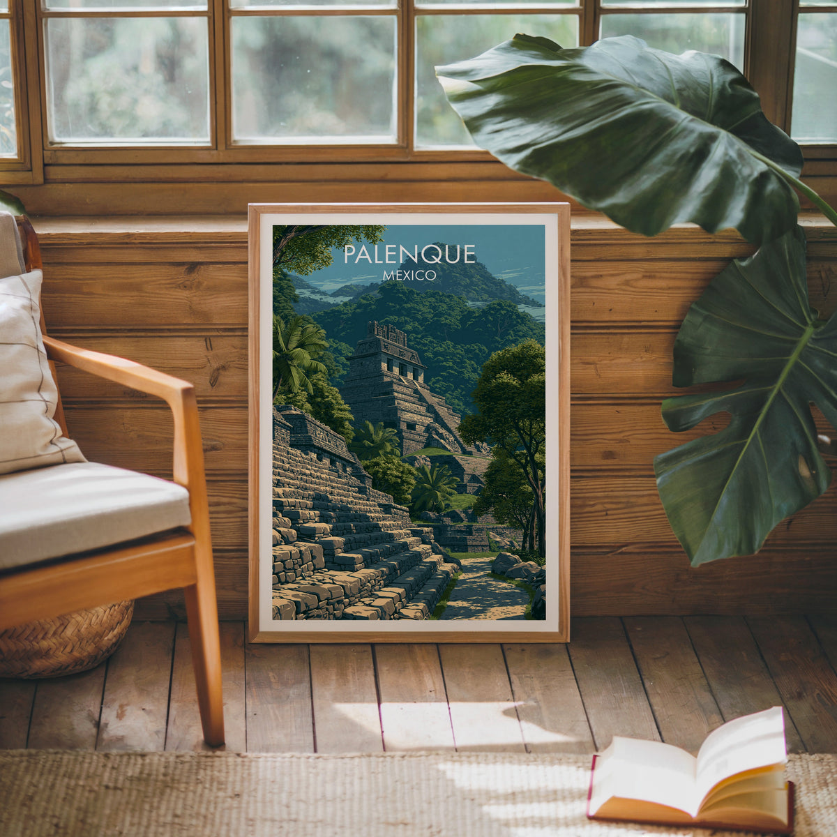 Jungle temple poster in a pine cabin, oak frame by a wooden armchair with a monstera leaf and jute rug