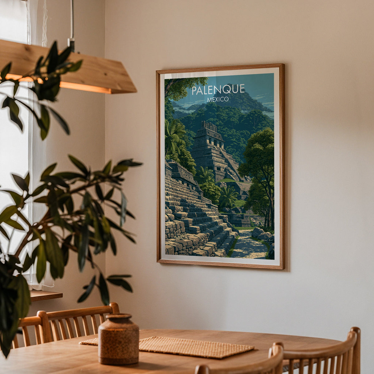 Limestone stairway print in an oak frame in a dining corner with an oak table and wood pendant lamp