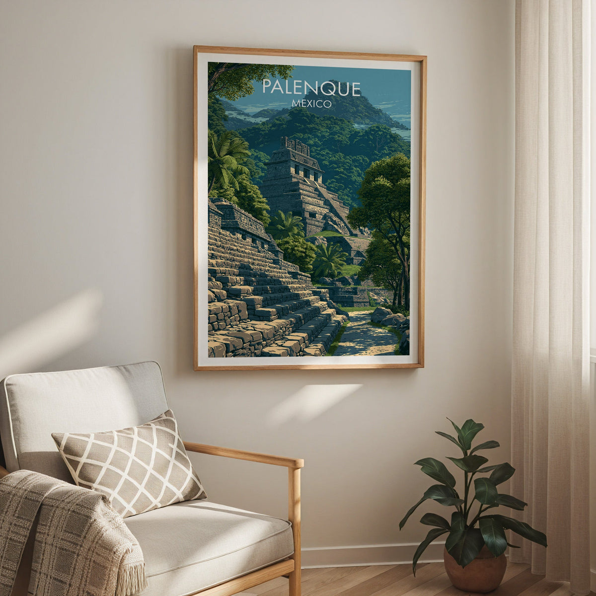 Rainforest hillside ruins in an oak frame above a cream armchair with a check cushion and sheer curtain