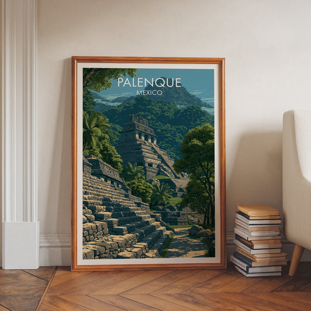 Palenque temple in a walnut frame leaning on herringbone floor beside stacked books and an armchair