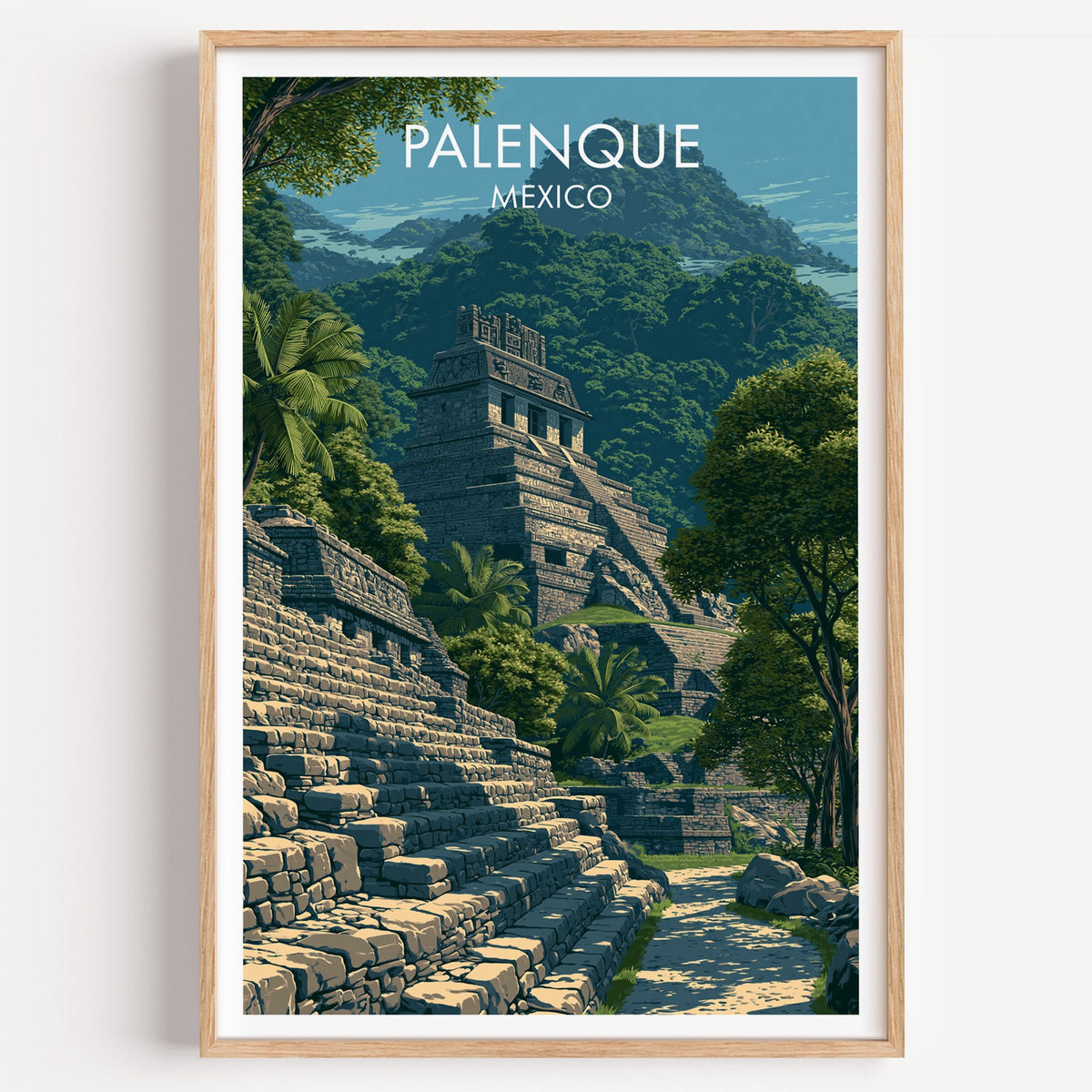 Temple of the Inscriptions at Palenque in a light oak frame on a plain white wall