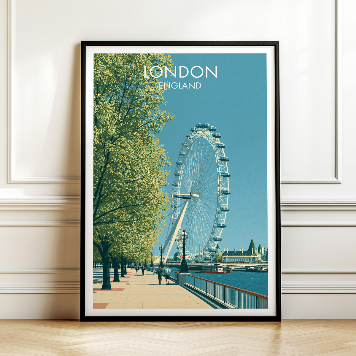 London Eye wheel print, black frame leaning on a white panelled wall above a herringbone floor