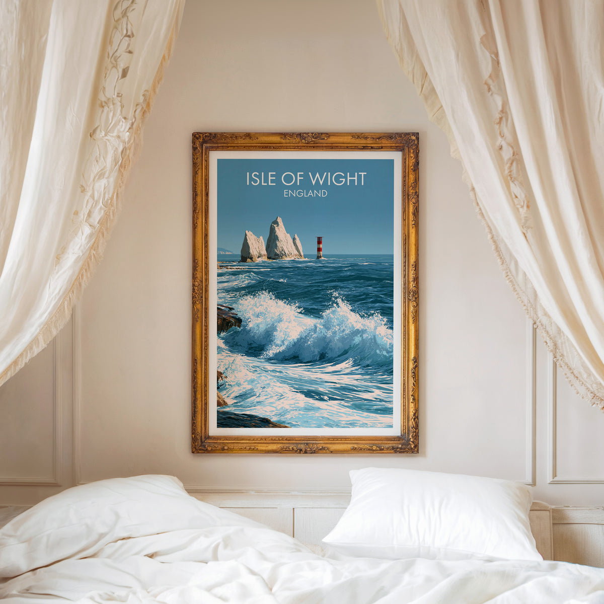 The Needles travel poster, ornate gold frame above a white bed with linen canopy curtains