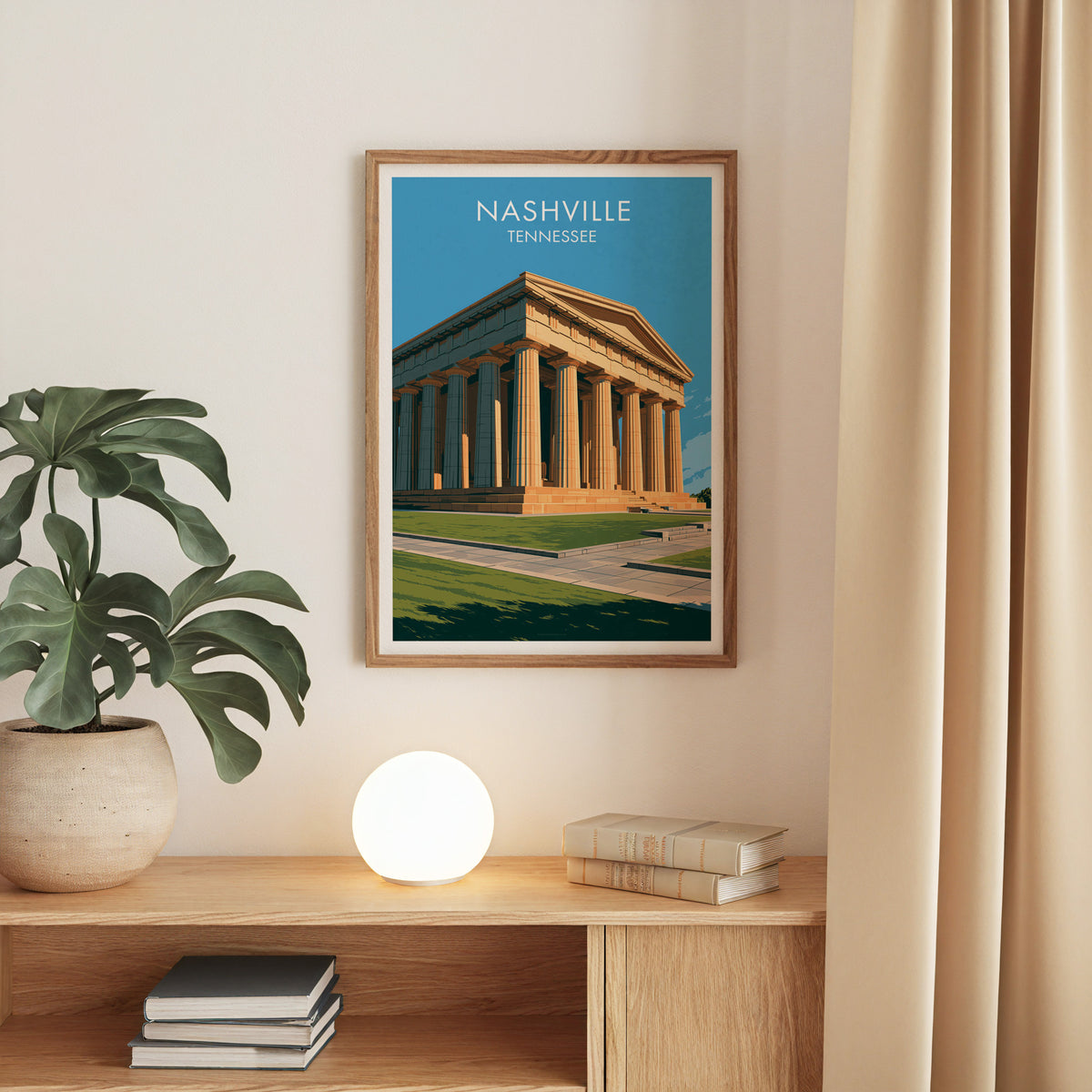 Greek revival Parthenon print in oak on a beige wall, oak console, monstera in a stone pot and a globe lamp.