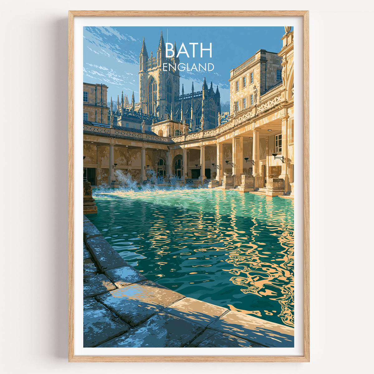 Roman Baths Bath poster, light oak frame on a plain white wall