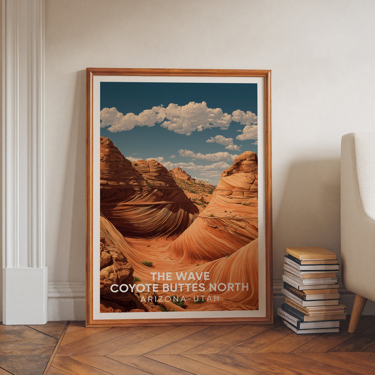 The Wave artwork in a walnut frame leaning on a herringbone floor beside stacked books