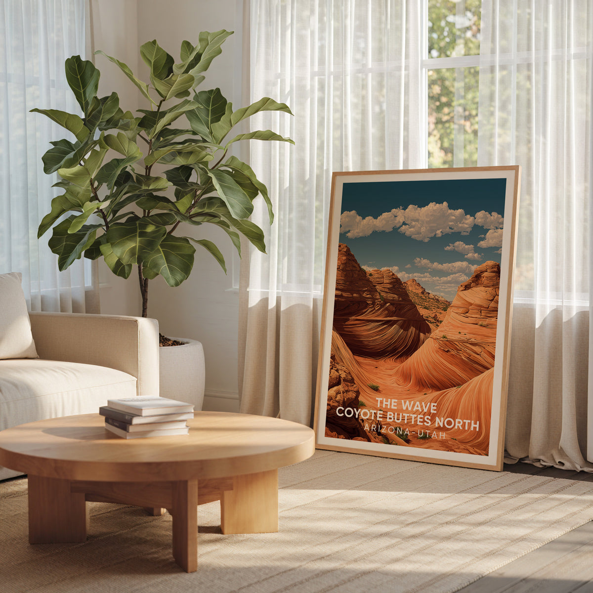 The Wave Coyote Buttes wall art beside a fiddle leaf plant and a round wood table