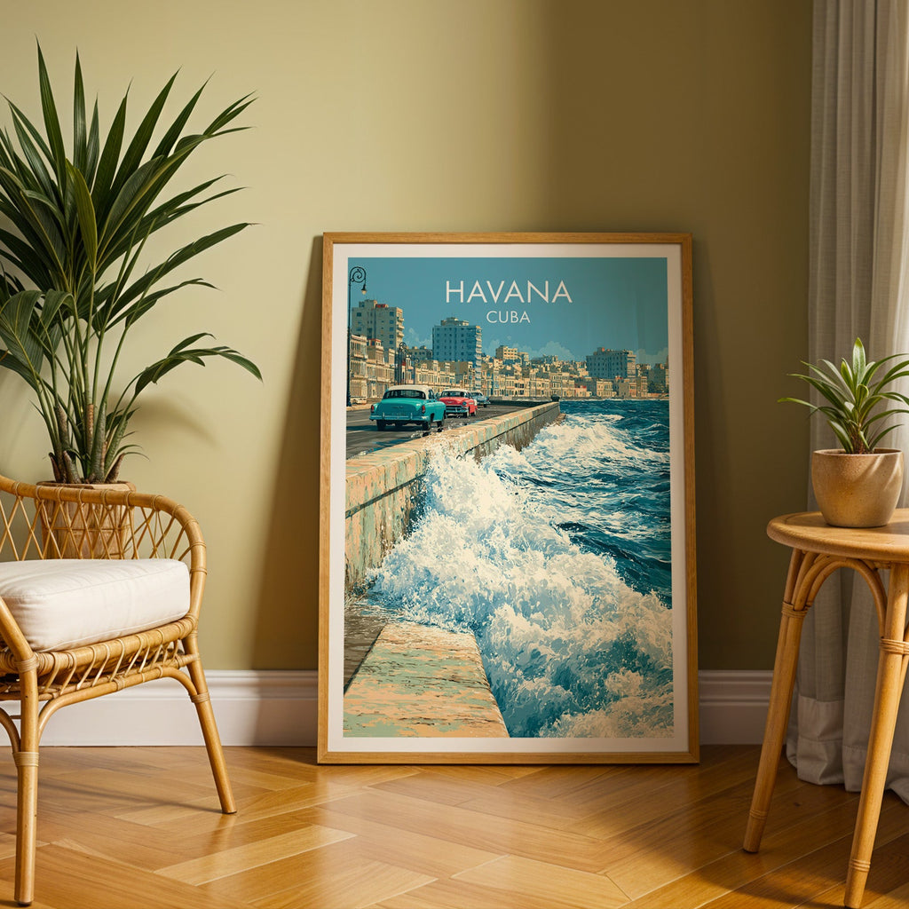 Turquoise classic car by the sea in an oak frame on herringbone parquet, rattan chair left, cane table and plant