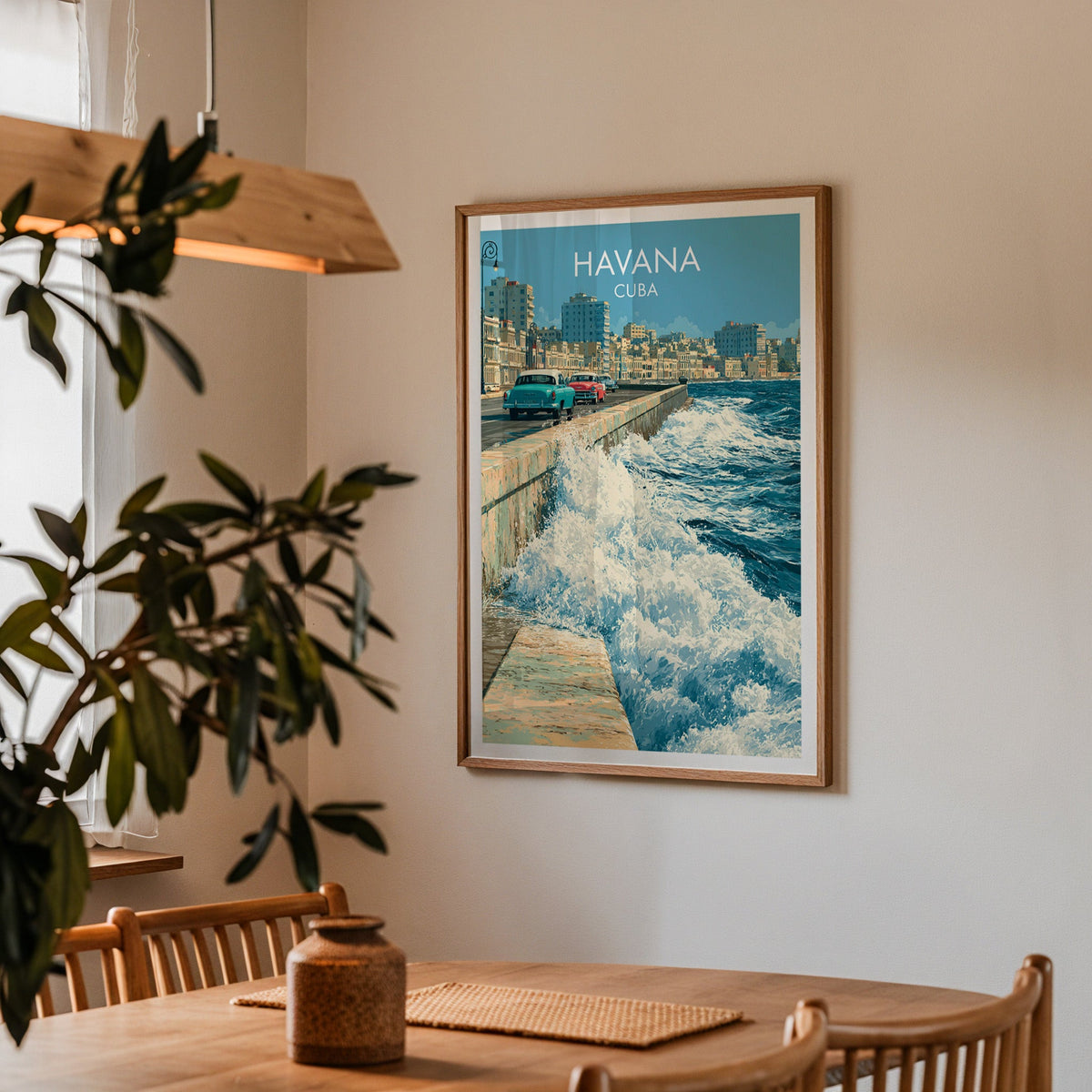 White foam over the sea wall in an oak frame in a dining corner with an oak table and a wood pendant lamp