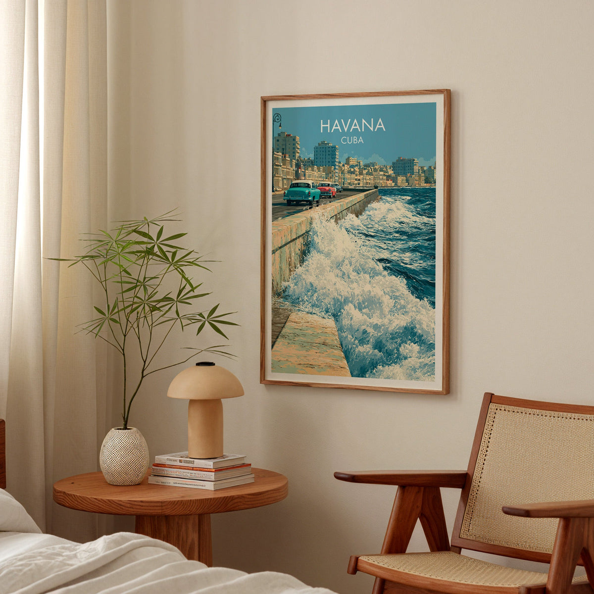 Deep blue sea and white spray in an oak frame in a bedroom above a round table with a mushroom lamp and bamboo