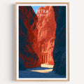 Petra Jordan Treasury travel poster in a natural wood frame, shown against a clean white wall