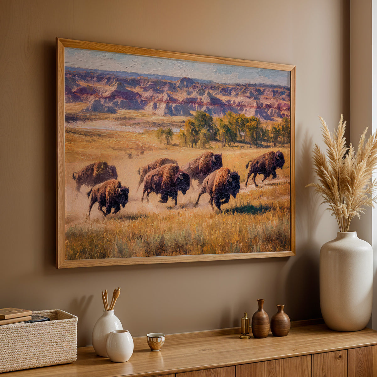 Theodore Roosevelt oil painting print in an oak frame above a credenza on a taupe wall