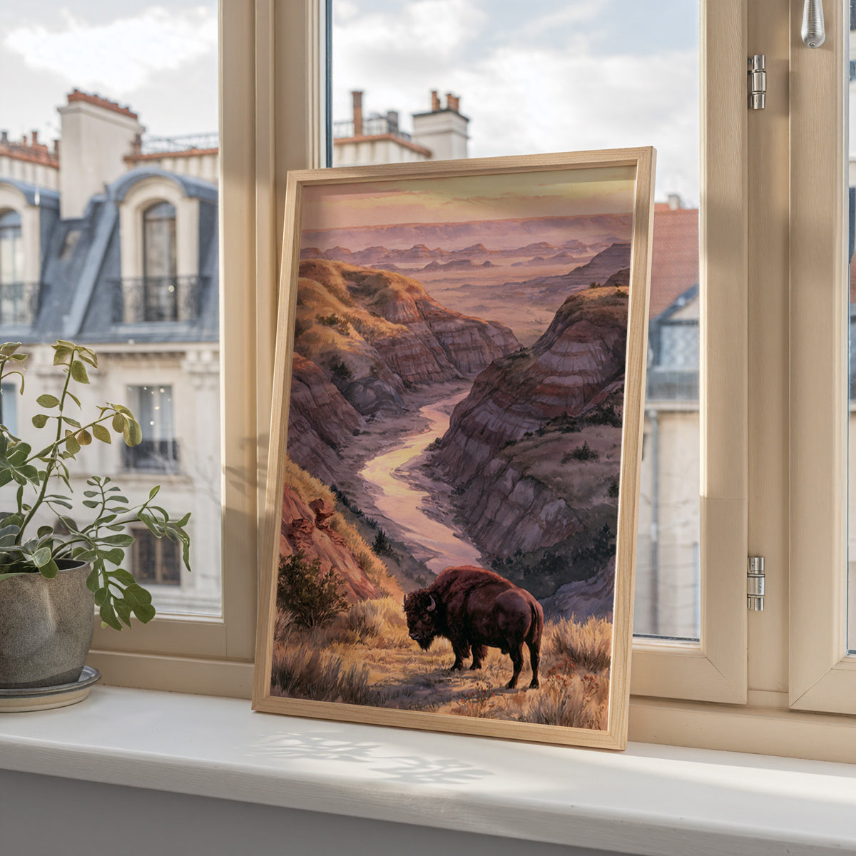Theodore Roosevelt watercolor art print in a wood frame on a windowsill overlooking city rooftops