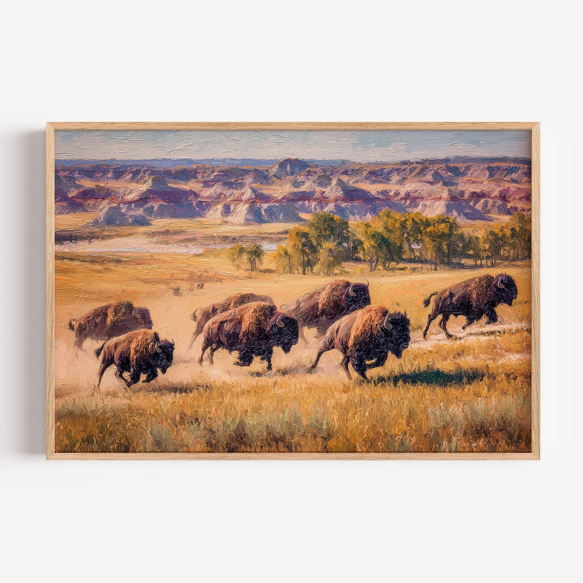 Theodore Roosevelt National Park oil painting print in an oak frame: bison running on the prairie