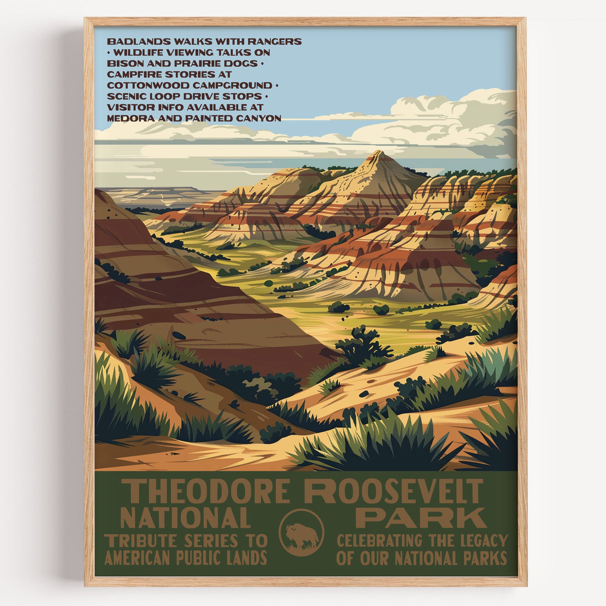 Theodore Roosevelt National Park wall art print in a thin wood frame, striped badland bluffs above a bend in the river