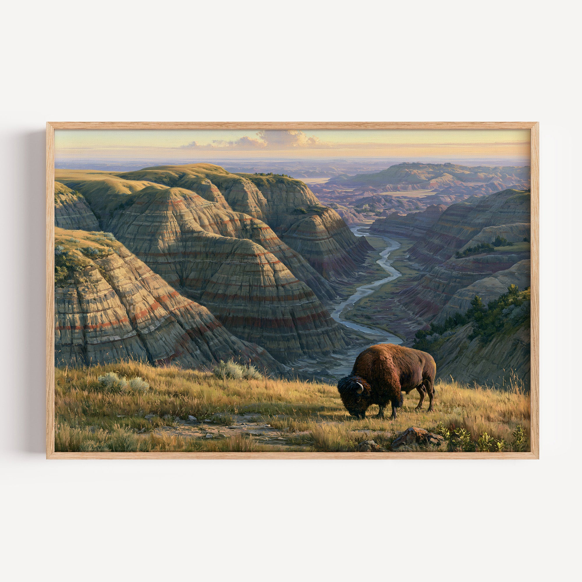 Theodore Roosevelt classical oil painting print in an oak frame: a bison above the badlands