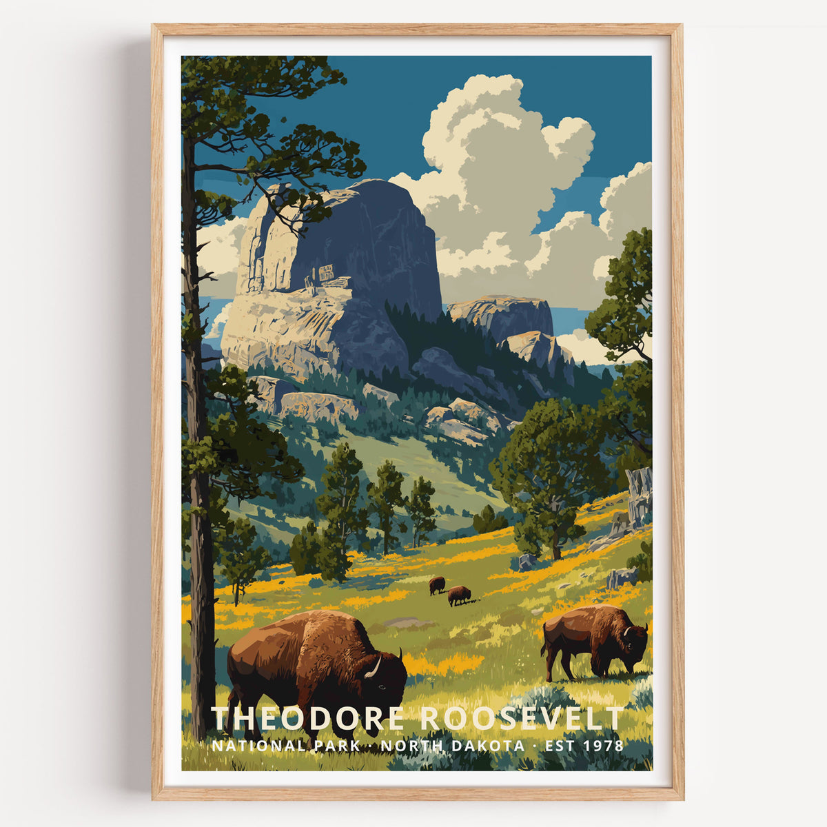 Theodore Roosevelt National Park retro travel poster — bison grazing on grassland below badlands rock formations, North Dakota