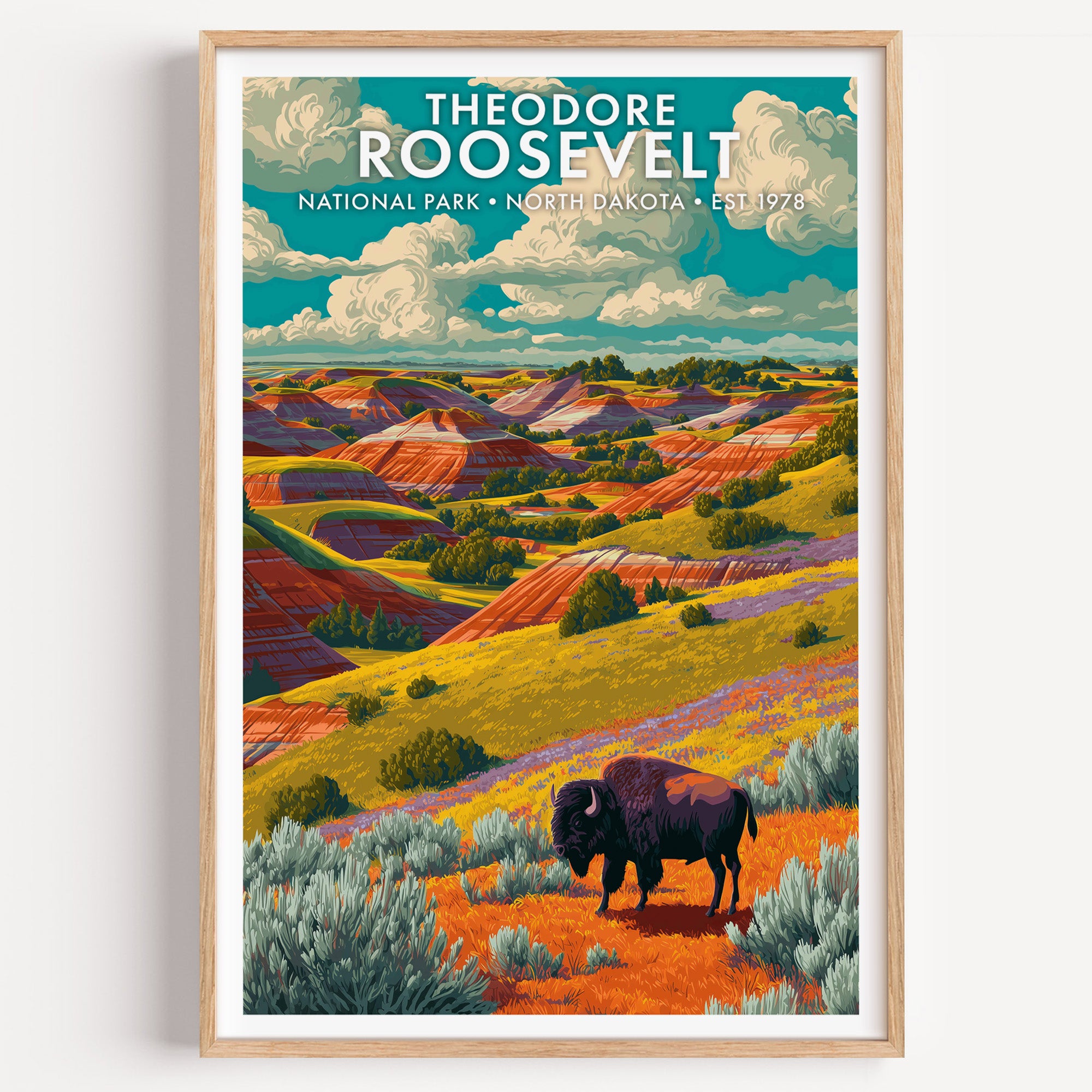 Theodore Roosevelt National Park mid-century modern art print — rolling painted badlands striped in rust, olive and lavender