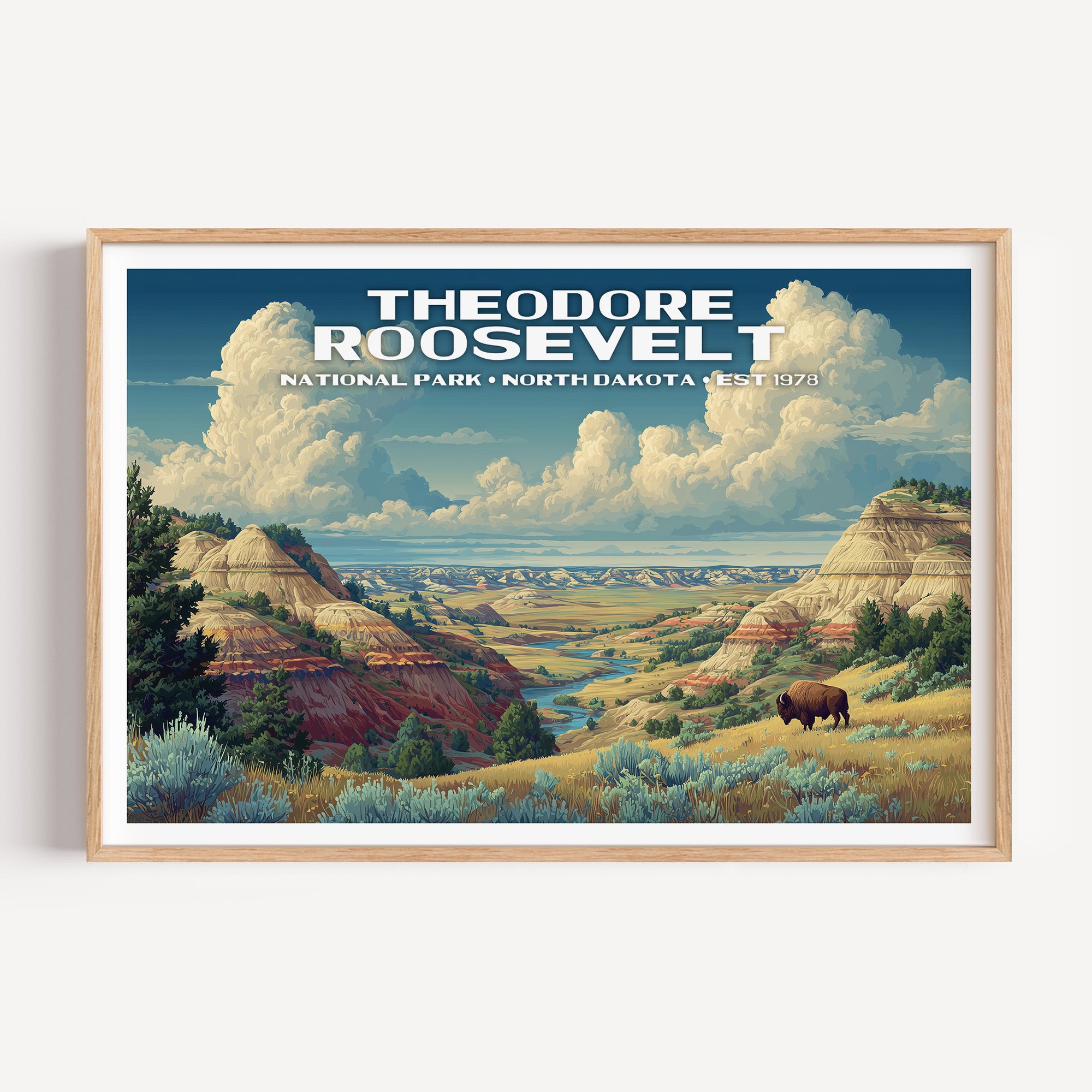 A lone bison grazing above banded badlands and the Little Missouri River — Theodore Roosevelt National Park vintage WPA travel poster print