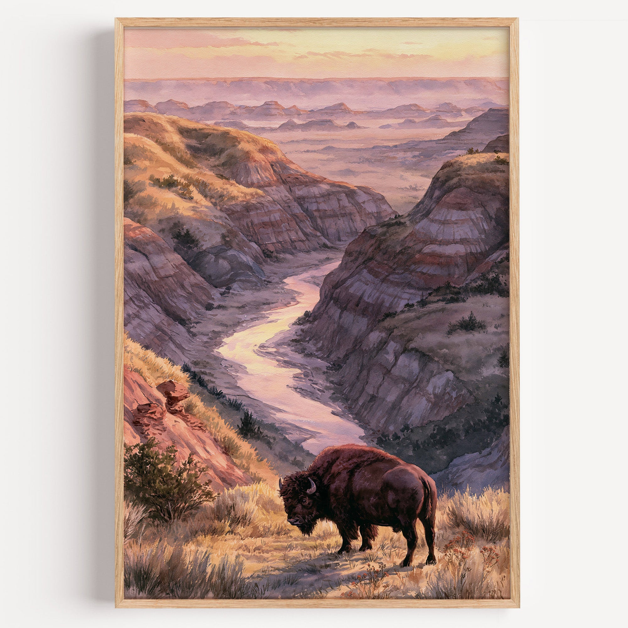 Theodore Roosevelt National Park watercolor art print: bison on a badlands rim above the Little Missouri at dusk