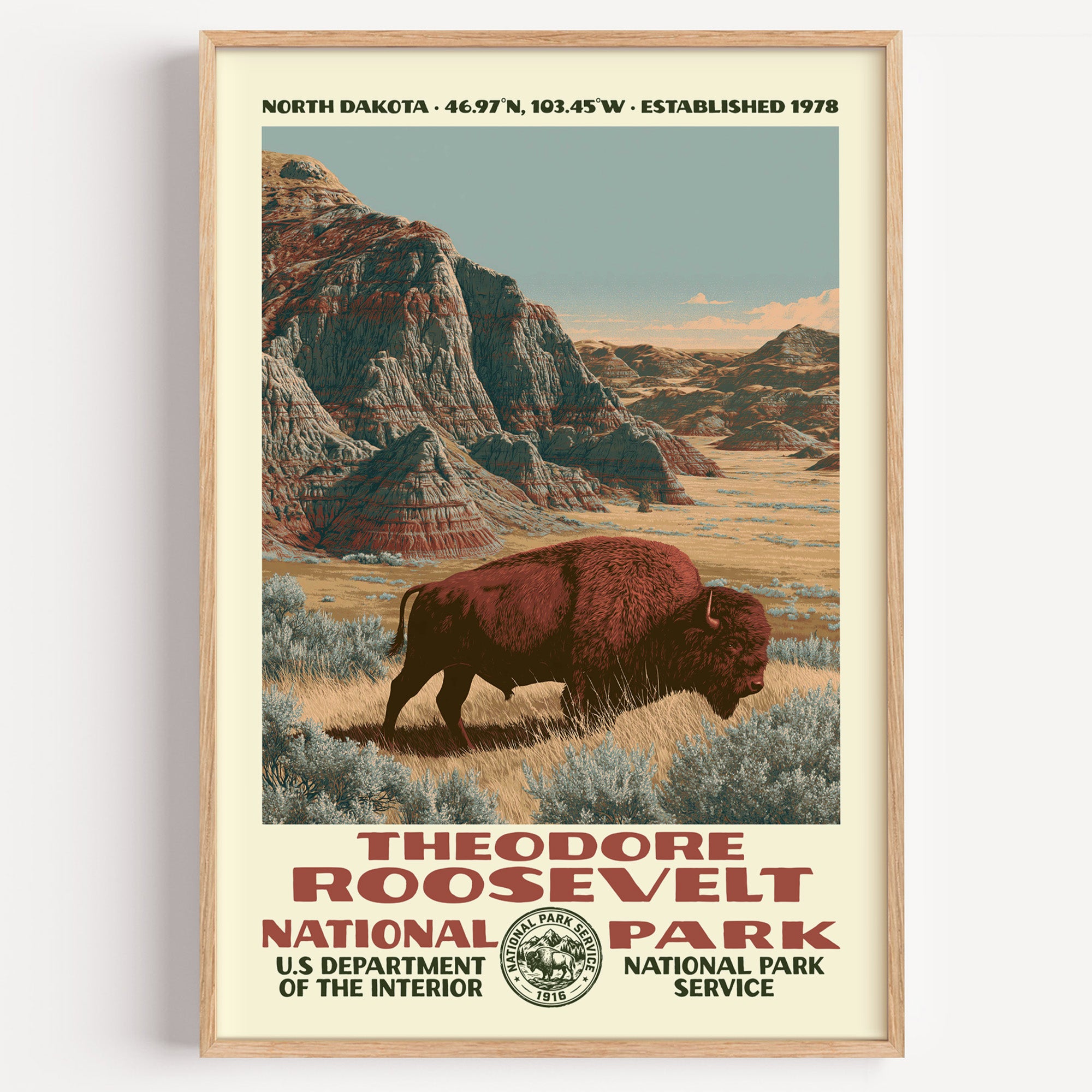 Theodore Roosevelt National Park vintage WPA poster in a wood frame, a lone bison grazing beneath striped badlands bluffs