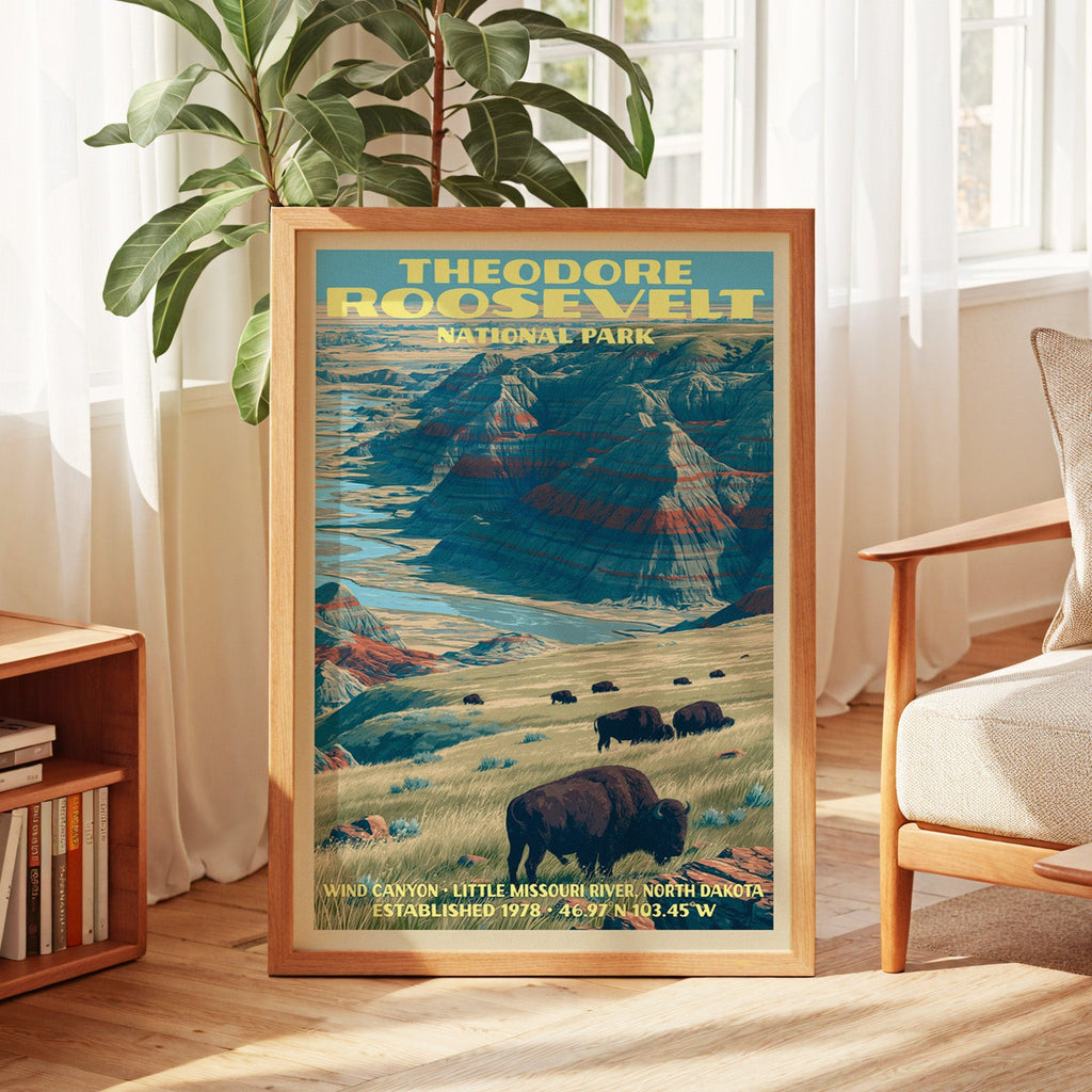Theodore Roosevelt badlands print in oak, leaning by a sunlit window with sheer curtains and a bookshelf