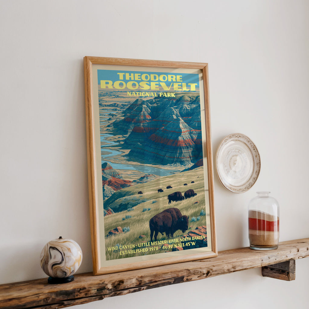 Theodore Roosevelt bison print in oak, leaning on a reclaimed wood ledge with a stone sphere and sand jar
