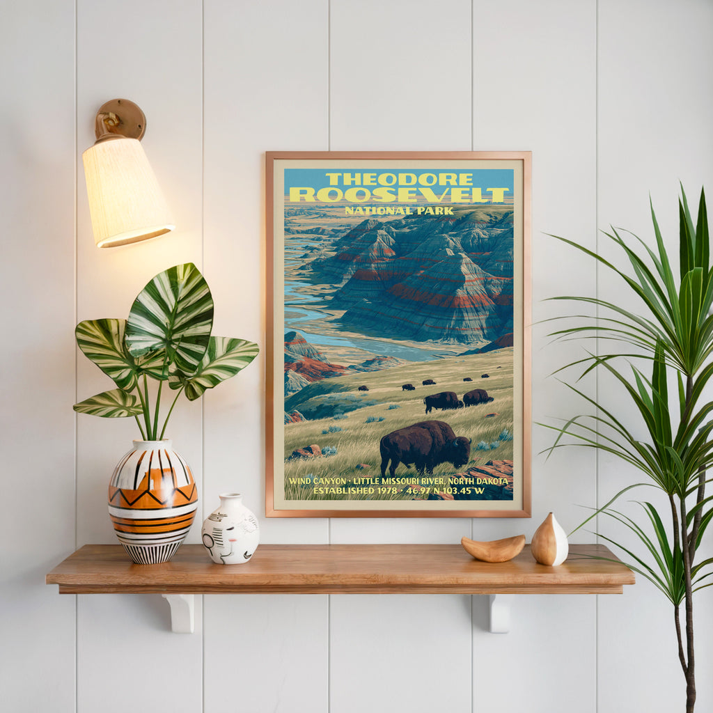 Theodore Roosevelt print framed on white panelling above an oak shelf with a patterned vase and sconce