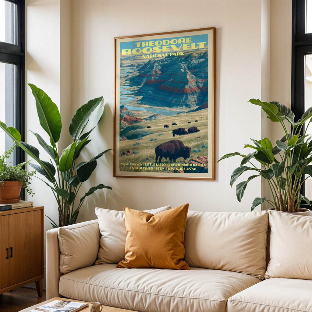 Theodore Roosevelt vintage travel print in oak above a cream sofa with a rust cushion and houseplants