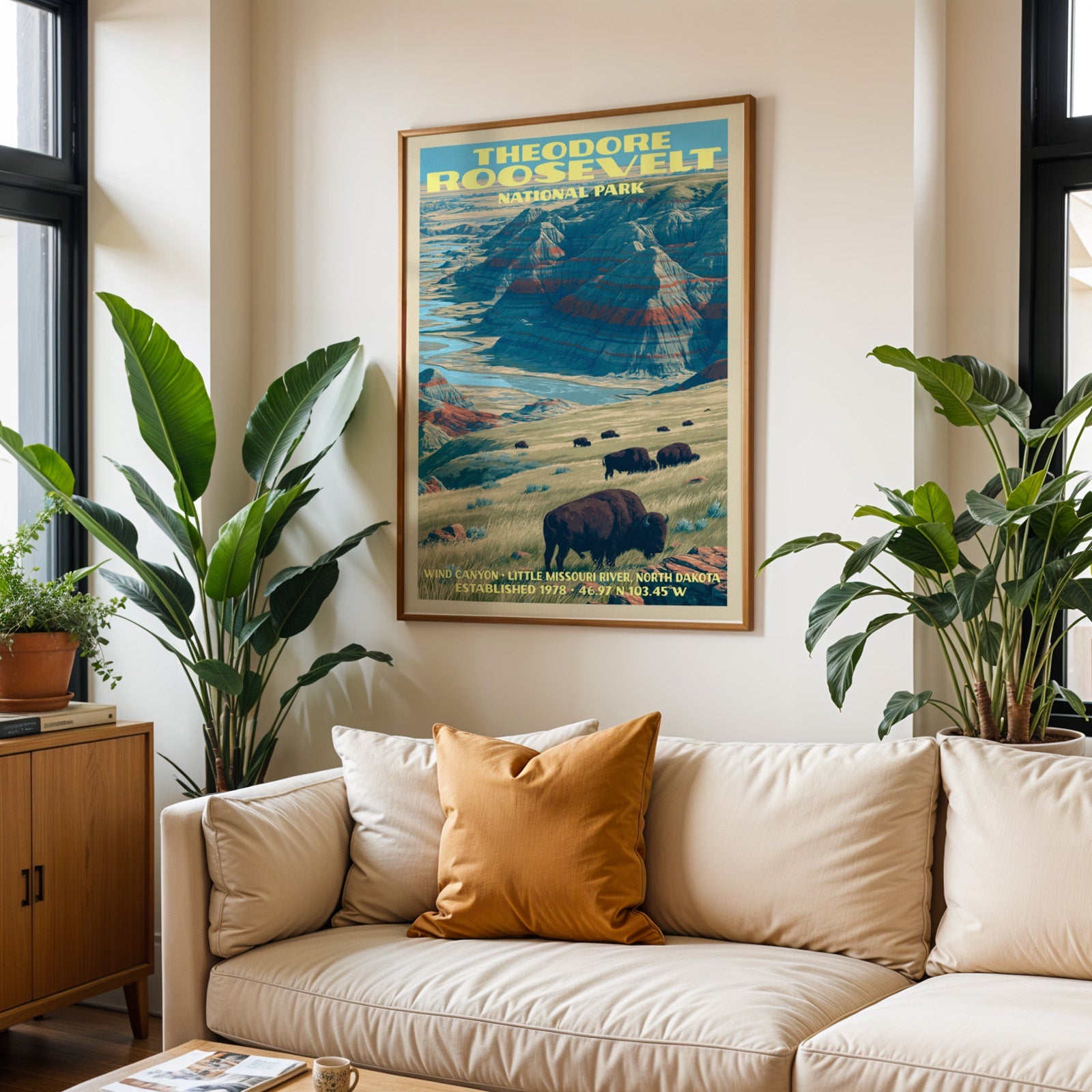 Theodore Roosevelt vintage travel print in oak above a cream sofa with a rust cushion and houseplants