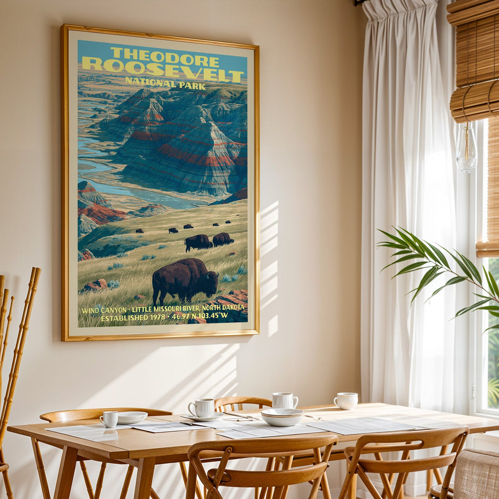 Theodore Roosevelt National Park print in gold above a light oak dining table by a curtained window