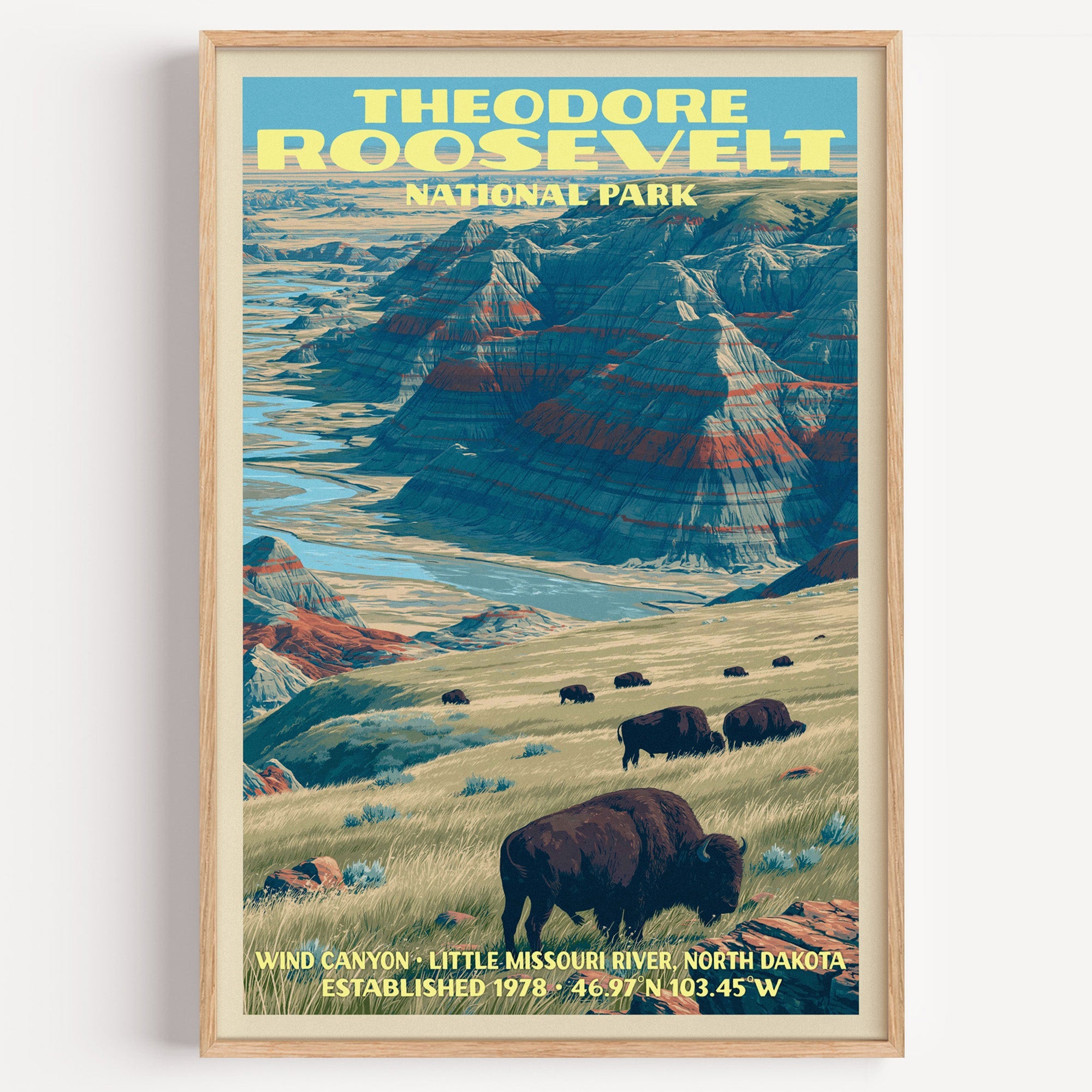 Wind Canyon Theodore Roosevelt National Park vintage print in a light oak frame on a plain white wall