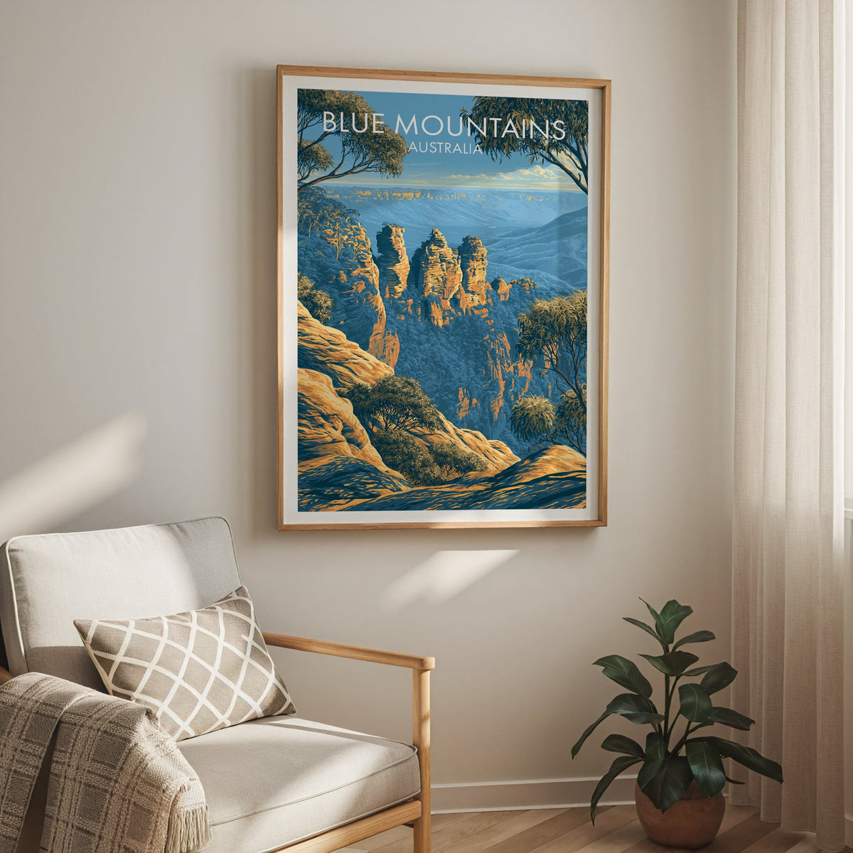 Rock pillar poster hung above a cream armchair with a sheer curtain and a rubber plant
