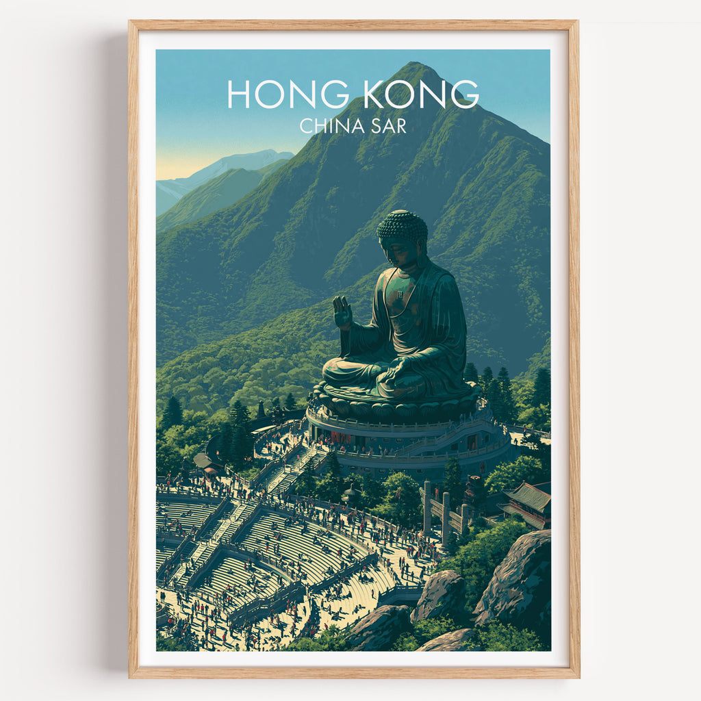 Tian Tan Big Buddha Hong Kong travel poster in a natural wood frame, shown against a clean white wall
