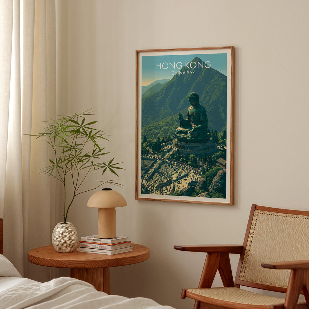 Tian Tan Big Buddha Hong Kong poster above a bedroom nightstand with a bamboo plant and mushroom lamp