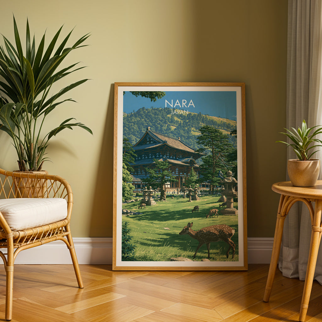 Large Todai ji Temple Nara Japan travel print in an oak frame leaning on a herringbone floor next to a rattan chair