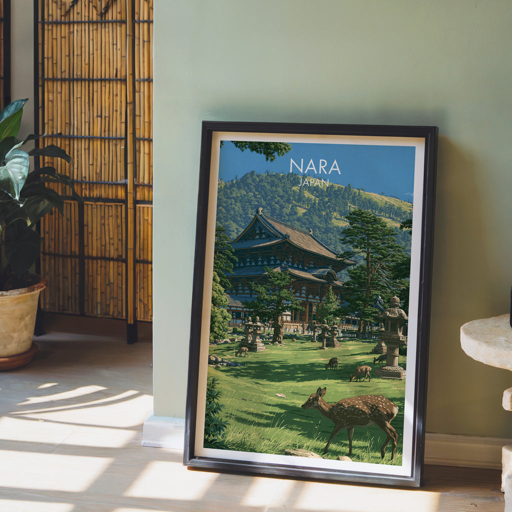 Todai ji Temple Nara Japan wall art in a black frame leaning against a sage green wall beside a bamboo screen