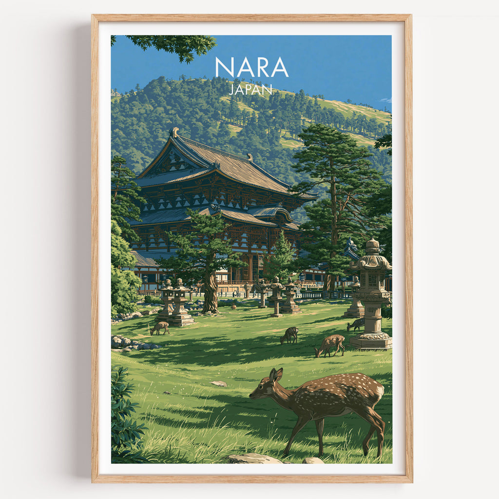 Todai ji Temple Nara Japan travel poster in a natural wood frame, shown against a clean white wall