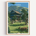 Todai ji Temple Nara Japan travel poster in a natural wood frame, shown against a clean white wall