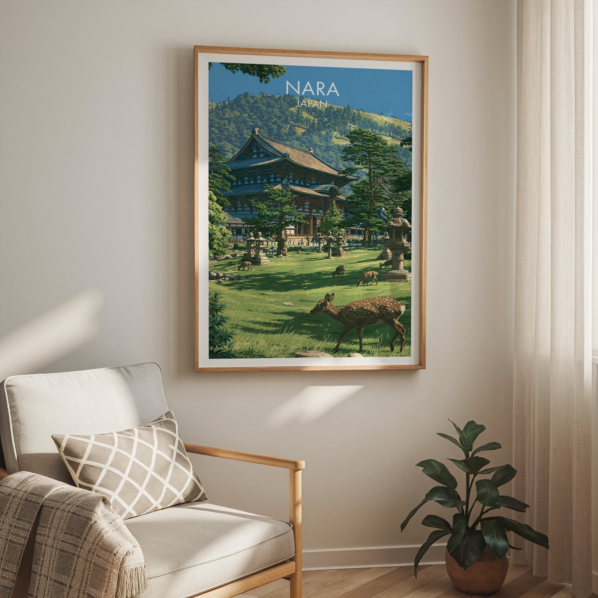 Todai ji Temple Nara Japan travel print in a light oak frame on a living room wall beside a linen armchair
